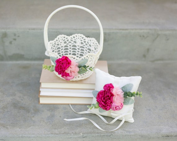 Pink Doll Flower Girl Basket | Pink Lacy + Glam Wedding Flower Girl & Ring Bearer Gift | Boho Pink Wedding | Ivory Lace Wedding Basket