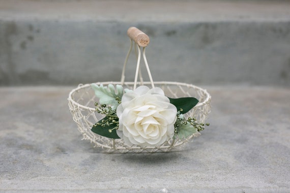 Rustic Flower Girl Basket | Small Flower Girl Gift | Rustic Wire Basket | Barn Wedding Basket | Petite or Large Ivory Basket | Ivory Flower