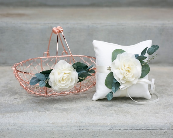 Flower Girl Basket | Rose Gold Copper Wire Wedding Basket | Eucalyptus Greenery + Ivory Floral Basket | Boho Modern Flower Girl Gift