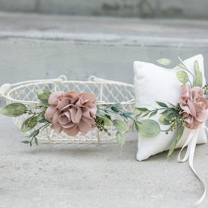 Matching Flower Girl Basket, Crown & Ring Pillow Set | Taupe Wire Flower Girl Basket | Flower Girl Set | Wedding Ring Pillow | Ring Bearer
