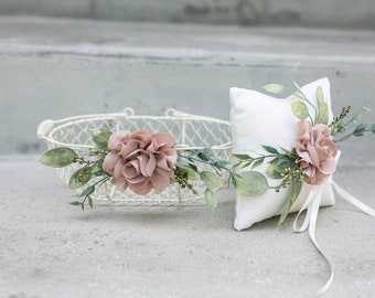 Matching Flower Girl Basket, Crown & Ring Pillow Set | Taupe Wire Flower Girl Basket | Flower Girl Set | Wedding Ring Pillow | Ring Bearer