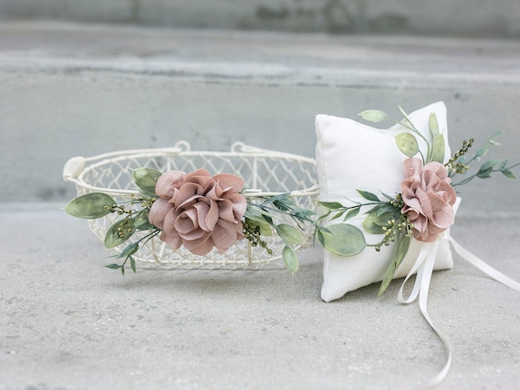 Matching Flower Girl Basket, Crown & Ring Pillow Set | Taupe Wire Flower Girl Basket | Flower Girl Set | Wedding Ring Pillow | Ring Bearer