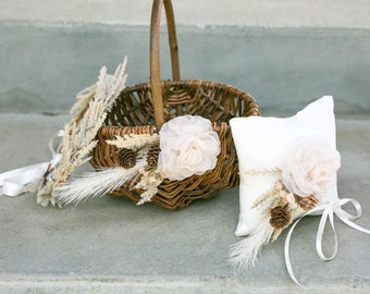 Romantic Boho Woodland Flower Girl Basket  Set | Modern Flower Girl Set | Willow Wedding Basket | Flower Crown + Basket | Garden Wedding
