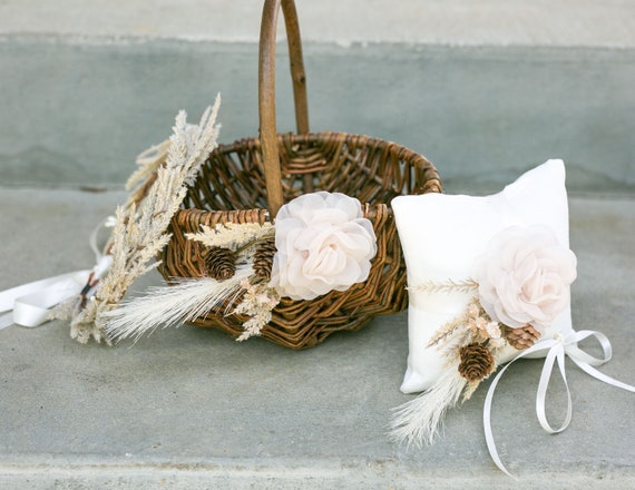 Romantic Boho Woodland Flower Girl Basket  Set | Modern Flower Girl Set | Willow Wedding Basket | Flower Crown + Basket | Garden Wedding