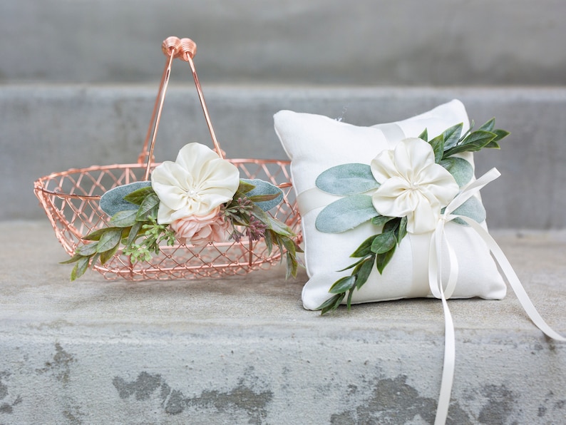 Flower Girl Basket and Ring Pillow Set Rose Gold Flower Girl Etsy