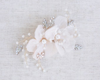 Gold Jeweled Bridal Hair Comb | Blush Pink Organza Flower Hair Accessory | Delicate Bridal Hair Jewelry | Intricate Bridal Hair Accessory