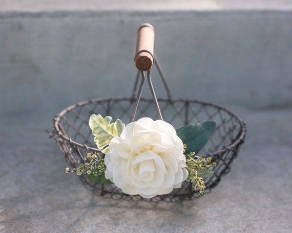 Flower Girl Basket | Rustic Wire Basket | Barn Wedding Basket for Small Flower Girl | Country Chic Gift | Choose Nude or Ivory Flower