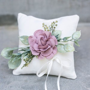 Ring Bearer Pillow Wedding Ring Pillow Ivory Linen-look Wedding Ring Display Floral Pillow Greenery Pillow Ring Cushion Photo Prop Mauve