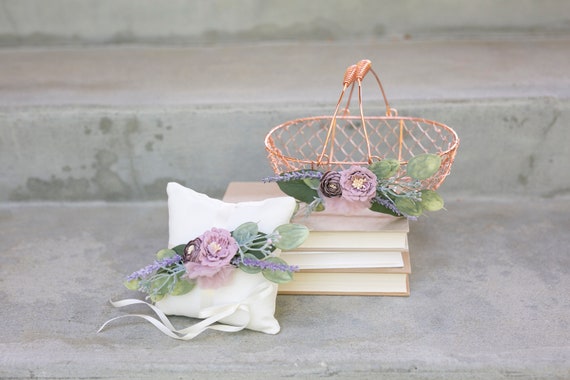 Flower Girl Basket Set | Boho Wedding Flower Girl & Ring Bearer Gift | Lavender + Greenery Wedding | Rose Gold or Copper Bucket Metal Basket