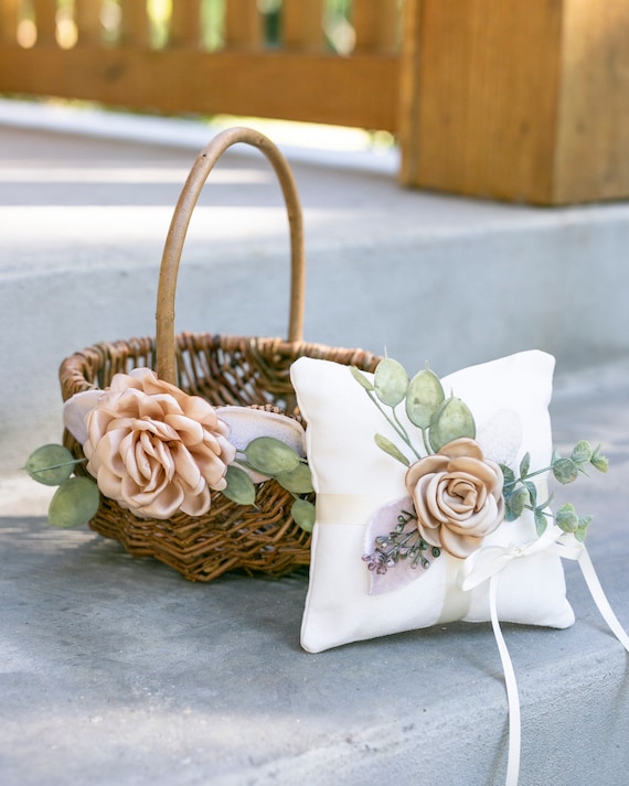 Flower Girl Basket | Willow Wedding Basket | Wedding Basket Set | Ring Bearer Pillow Set | Gift Basket w/ Greenery | Decorated Basket