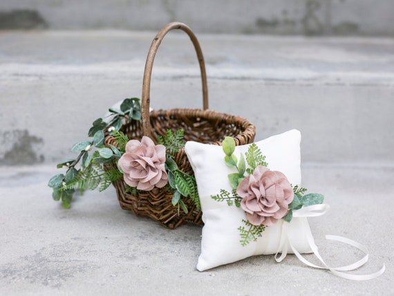 Boho Flower Girl Basket | Willow Wedding Basket | Rustic Decorated Flower Girl Basket | Rustic Woven Wedding Basket Set | Ring Bearer Pillow