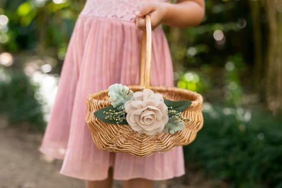 Flower Girl Basket | Willow Wedding Basket | Rustic Wicker Basket | Rattan Flower Girl Basket | Gift Basket w/ Greenery | Decorated Basket