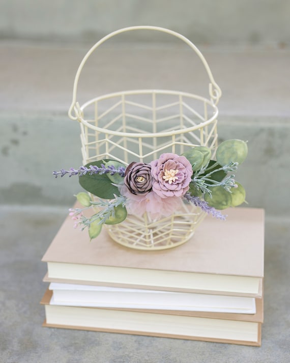 Flower Girl Basket Set | Rustic Wedding Flower Girl & Ring Bearer Gift | Lavender + Greenery Wedding Decor | Ivory Bucket Metal Basket