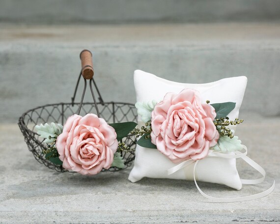 Flower Girl Basket and Ring Bearer Pillow Set | Blush Wedding Basket | Simple Wedding Set | Flower Girl Set | Boho Wedding | Ring Pillow