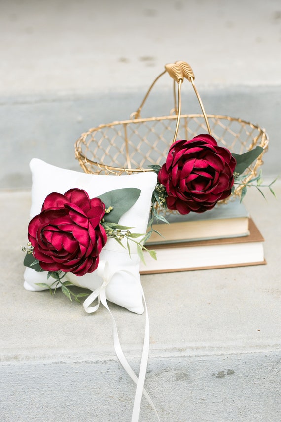 Flower Girl Basket and Ring Bearer Pillow Set | Gold Metal Wedding Basket | Flower Girl Gift Set | Red Glam Boho Wedding | Rose Ring Pillow