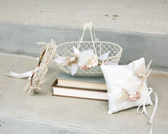 Boho ivory Flower Girl Basket | Pampas Desert Wedding Decor or Gift Basket | Modern Decorated Flower Girl Sets | Matching Wedding Set