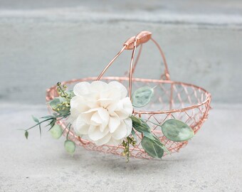 Rose Gold Flower Girl Basket: Eucalyptus & Fabric Rose Wedding Decor