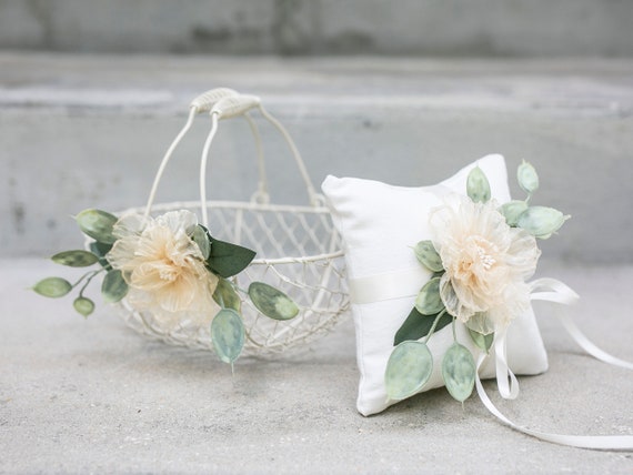 Flower Girl Basket and Ring Bearer Pillow Set | Ivory Wedding Basket | Simple Basket Set | Flower Girl Set | Boho Wedding | Ring Pillow