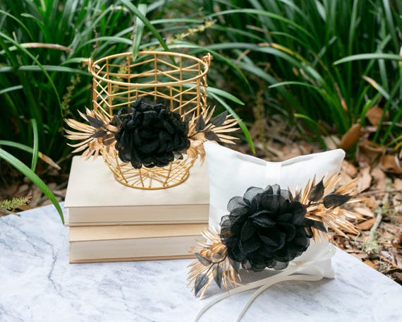 Flower Girl Basket | Black Tie Gold and Black Wedding Theme | Roaring Twenties Steam Punk Wedding | Option for Matching Ring Bearer Pillow