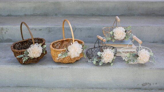 Cute Flower Girl Basket or Gift Set | Matching Flower Girl and Ring Bearer Set | Metal or Woven Basket Style | Boho Glam Flower Girl Basket