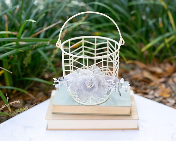 SALE | Ivory and Silver Flower Girl Basket | Silver Floral and Greenery Basket | Silver Wedding Theme | On of A Kind Basket |