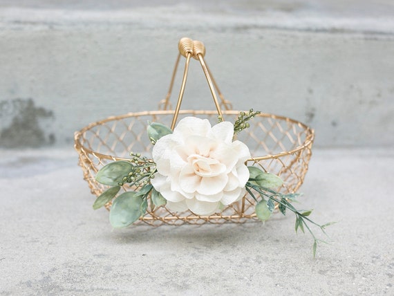 Champagne Gold Metallic Flower Girl Basket | Golden Wedding or Gift Basket | Modern, Decorated Flower Girl Basket | Gold Glam Wedding Decor