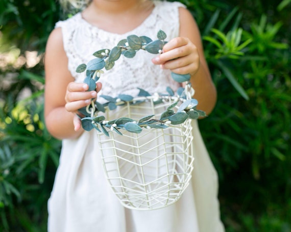 Flower Girl Basket & Ring Pillow | Basket Pillow Set | Ivory Metal Basket | Wedding Ring Cushion | Wedding Basket | Boho Flower Child Bucket