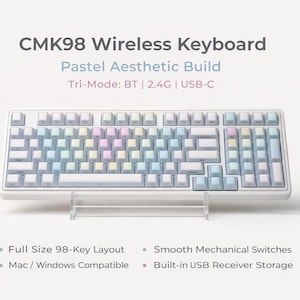 May include: A white CMK98 wireless keyboard with pastel-colored keycaps. The keyboard has a full-size 98-key layout and smooth mechanical switches. It is compatible with Mac and Windows and features a built-in USB receiver storage. The text on the image reads: CMK98 Wireless Keyboard, Pastel Aesthetic Build, Tri-Mode: BT | 2.4G | USB-C.