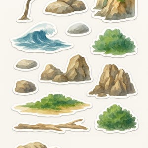 May include: Watercolor stickers featuring natural elements like a tree, rocks, waves, and bushes. The stickers have a white border and are in shades of brown, green, and blue. The word "POSTCODE" is printed in black.