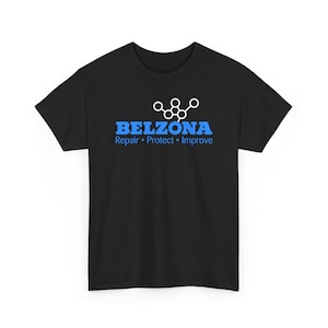 Puede incluir: Camiseta negra con el texto azul "BELZONA" y las palabras "Repair • Protect • Improve" debajo. Encima del texto hay un gráfico blanco de círculos conectados.