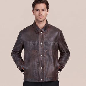 Men’s Dark Brown Crocodile Embossed Leather Jacket, Luxury Leather Coat, Vintage Textured Jacket, Smart Casual Mens Outerwear Gift for Him