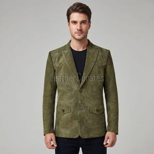 Blazer de cuero de gamuza verde oliva para hombre, chaqueta deportiva estilo western, chaqueta de gamuza a medida, prenda de abrigo rústica para hombre, estilo campestre informal.