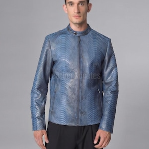 Men's Blue Textured Leather Jacket, Embossed Reptile Pattern Moto Jacket, Stand Collar Biker Outerwear, Stylish Leather Coat Gift for Him