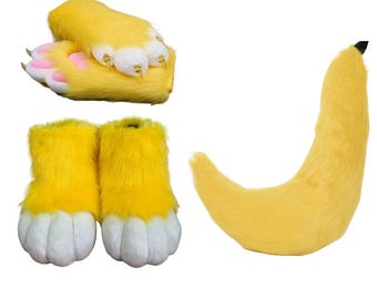 3 st. gul pälsdräkt, handtassar, fötter och svansset, Halloween Anime Party Cosplay-handskar, skor och svansset