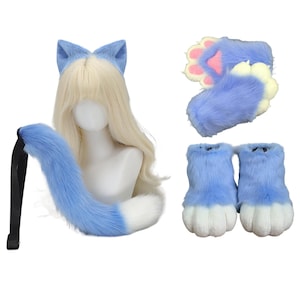 May include: A cosplay set featuring a blue and white fox tail with a black strap, a wig with blue fox ears, and blue paw gloves and foot covers. The set is designed with a fluffy, furry texture.