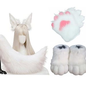 May include: A white faux fur cosplay set featuring a headband with upright ears, a fluffy tail, and paw-shaped gloves with pink pads. The set includes matching foot covers with black accents.