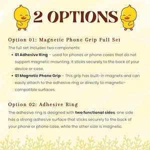 Peut inclure: Image promotionnelle avec le texte "2 OPTIONS" et des illustrations de canards de dessin anim&eacute;. Le texte d&eacute;crit deux options : un ensemble complet de support de t&eacute;l&eacute;phone magn&eacute;tique et une bague adh&eacute;sive.