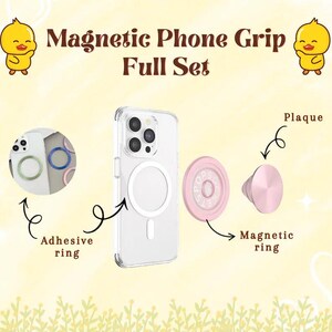 May include: A full set of magnetic phone grip accessories, including an adhesive ring, a clear phone case with a magnetic ring, a pink magnetic ring, and a pink plaque. The text "Magnetic Phone Grip Full Set" is displayed at the top.
