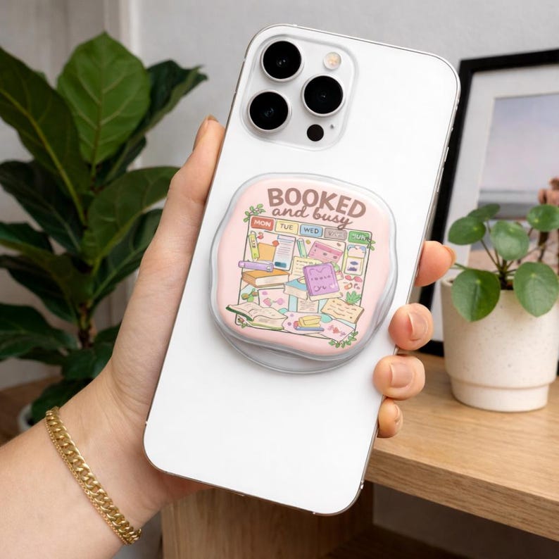 Booked and Busy Phone Grip, Book Lover Gift, Cute Planner Aesthetic Grip, Booktok Reading Accessory image 1