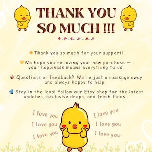 Peut inclure: Image avec le texte "THANK YOU SO MUCH !!!" et un poussin de dessin anim&eacute; jaune sur fond jaune clair. Le texte "I love you" est r&eacute;p&eacute;t&eacute; plusieurs fois, ainsi que d'autres messages de remerciement.