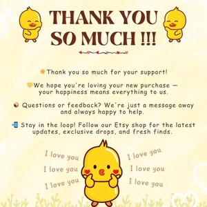 May include: A cheerful graphic with the text "THANK YOU SO MUCH!!!" and a yellow cartoon duck. The image includes the phrases "Thank you for your support!" and "I love you" repeated multiple times.