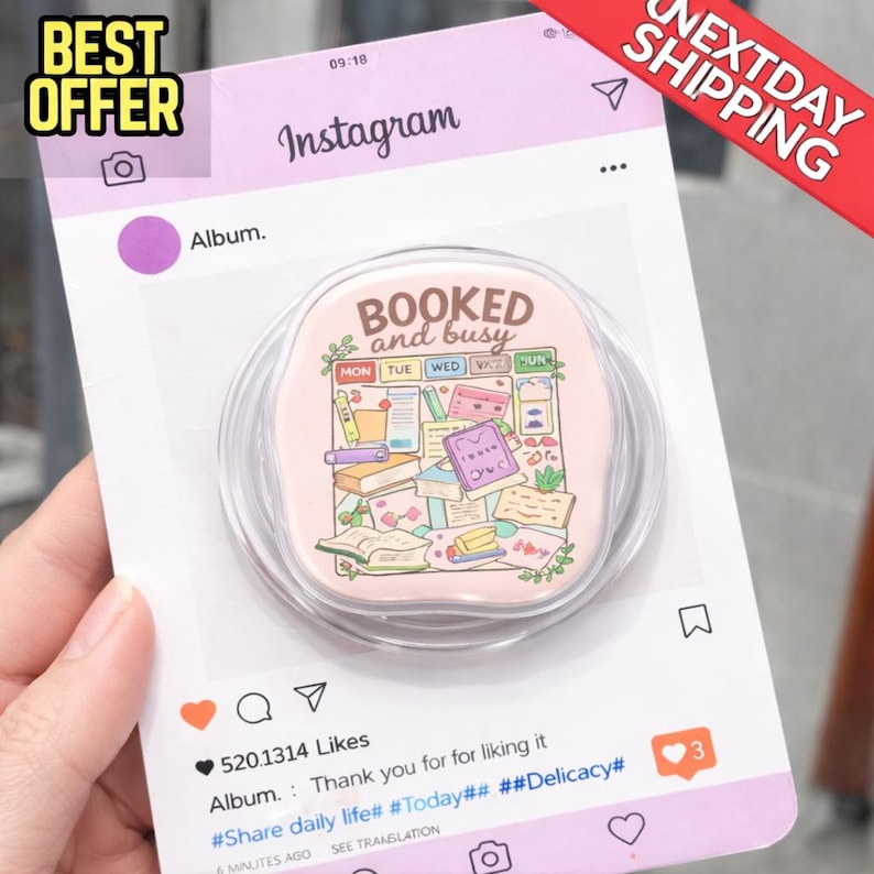 May include: A pink pop socket with the words "BOOKED and busy" and a design of books and stationery. The pop socket is on a mock Instagram post with the text "BEST OFFER" and "NEXTDAY SHIPPING".