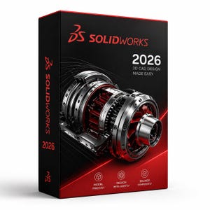 Op de afbeelding: Een zwarte doos met de tekst "SOLIDWORKS 2026" en "3D CAD DESIGN MADE EASY" in wit en rood. De doos bevat een gedetailleerde, metalen 3D-weergave van een motor. Pictogrammen eronder luiden "Model Precisely", "Design Intelligently" en "Deliver Confidently."