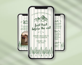 Last Trail Before The Veil Invite Camp Bachelorette Invite Template Canva Girls Weekend Itinerary for Glamping Bach Invite Camp Invite 0011