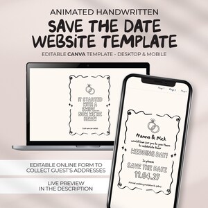 May include: A laptop and smartphone display a wedding invitation template. The template features a black and white design with the text "Save the Date" and "Wedding Day!" The design includes decorative borders and ring illustrations.