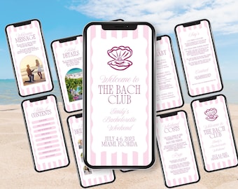 May include: A collection of smartphones displaying a bachelorette party itinerary. The screens feature a pink and white striped design with text that reads "Welcome to THE BACH CLUB" and "Emily's Bachelorette Weekend JULY 4-6, 2023 MIAMI FLORIDA."