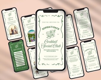 May include: A collection of smartphones displaying a bachelorette party invitation. The central phone shows the text "Sophia's Bach Cocktail Social Club Bachelorette Weekend." Other screens show event details, welcome messages, and contact information, all in a cream and green color scheme.