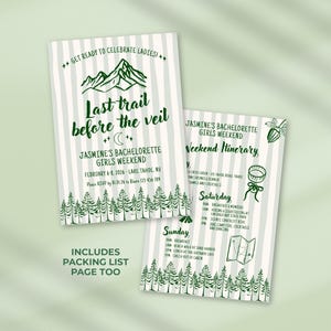 Last Trail Before The Veil Invite Camp Bachelorette Itinerary Invitation Template Canva Weekend Itinerary Camp Bachelorette Invite 0011