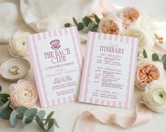 The Bach Club Coastal Bachelorette Invite Coastal Pink Bridal Party Invite Canva Weekend Itinerary Clam Shell Bachelorette Miami Trip 0002