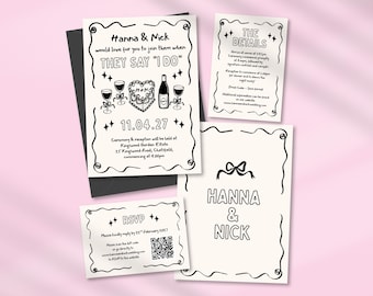 Wedding Invitation Illustrated Wedding Suite Hand Drawn Illustration Invitation Fun Wedding Invites Doodle Drawing Invite Cake Invite 0023
